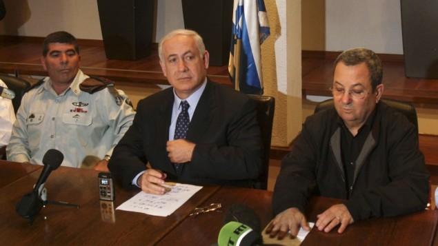 From right to left: Defense Minister Ehud Barak, Prime Minister Benjamin Netanyahu, and then-chief of General Staff Gabi Ashkenazi in 2009 (photo credit: Roni Schutzer/Flash90)